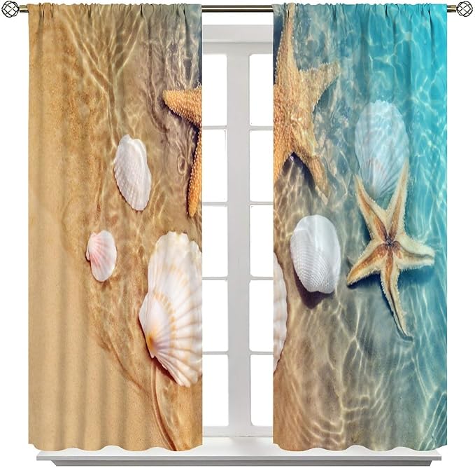 Beach Curtain for Bathroom Decor，Sea Turtle Starfish Seashell Nautical Ocean Coastal Scenery Art Printed Fabric Polyester Waterproof Set 2 Panels,72x63 Inches