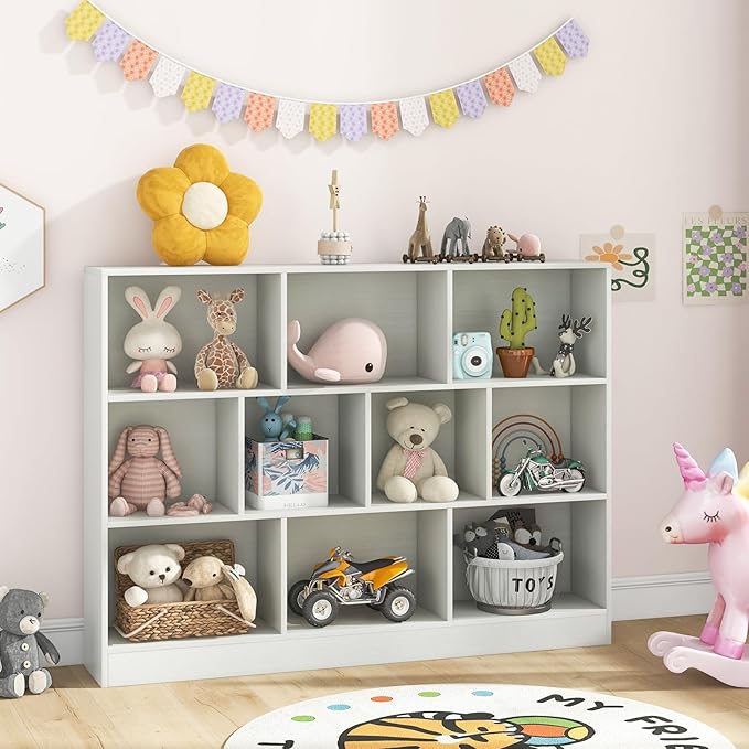 Costzon 10-Cube Bookshelf for Kids, Wooden Toy Storage Organizer w/ 2 Anti-Toppling Kits, 3 Tier Open Shelves & Non-Slip Foot Pads, Montessori Toy Shelf for Kids Rooms, Playroom, Classroom, Nursery