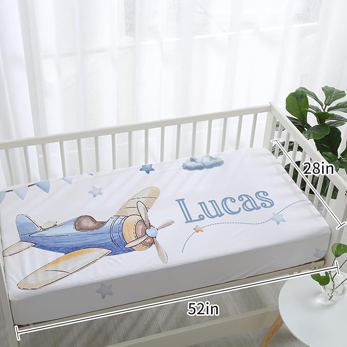 Custom Baby Crib Bedding Set - Toy Airplane Design Personalized Name Baby Nursery Bedding 3 Pcs Set - Chic Soft Blanket, Fitted Sheet, Room Rug for Newborns Boys Girls Gifts