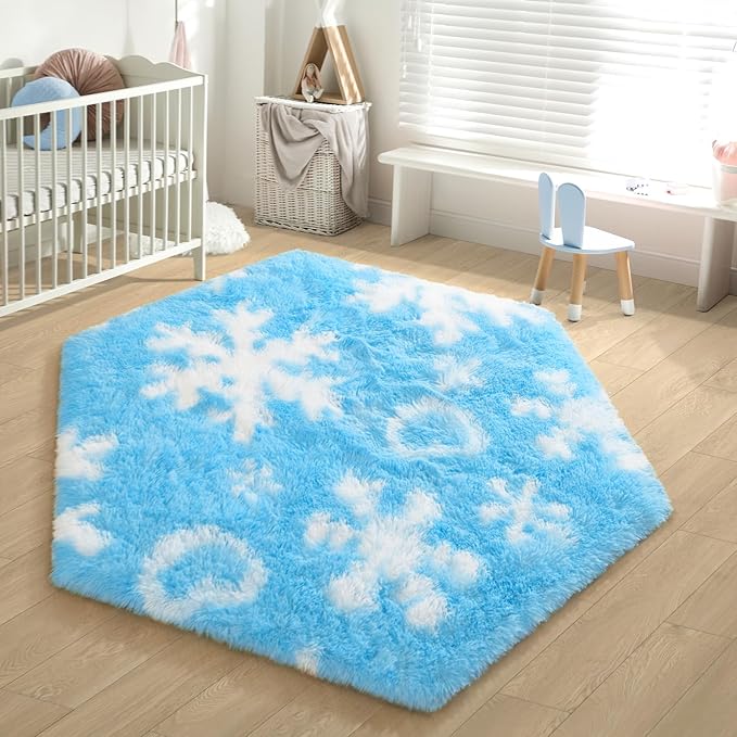 EVOIONOS Forzen Princess Tent Rug, 4x4.6 Feet Frozen Rugs for Girls Bedroom, Fluffy Snowflake Rug for Frozen Room Decor, Plush Carpet for Kids Room Playroom Nursery Decor, Cute Hexagon Blue Rugs