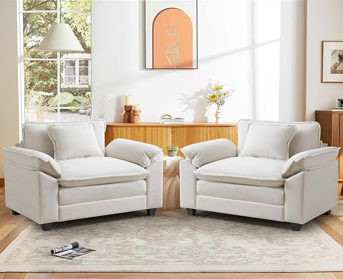 CDCASA Oversized Accent Chair, Velvet Comfy Cloud Sofa Chair with Large Seat and Upholstered Armrests, Modern Extra Wide Armchair Reading Chairs for Bedroom, Living Room,Set of 2,Beige