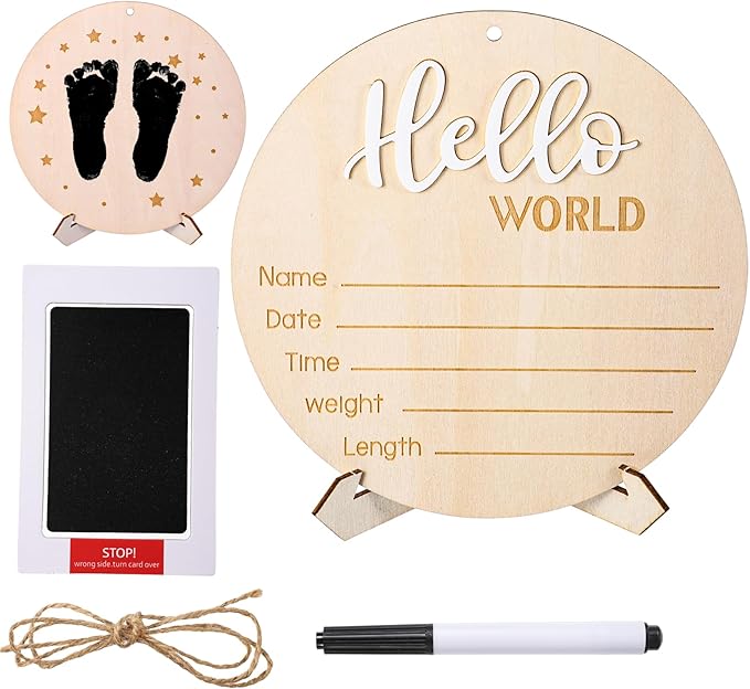 Hello World Newborn Sign: Baby Announcement Wooden Name Sign with Footprint Marker and Stand - Perfect Birth Announcement for Newborns