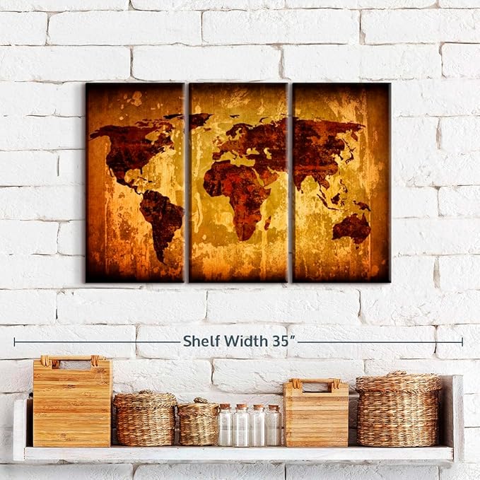 ElephantStock Vintage World Map Wall Art Multi Piece Canvas - 3 Piece Canvas World Map Wall Decor - Wall Decor - Ready-to-Hang Print - Vintage Wall Art - 23" X 14"