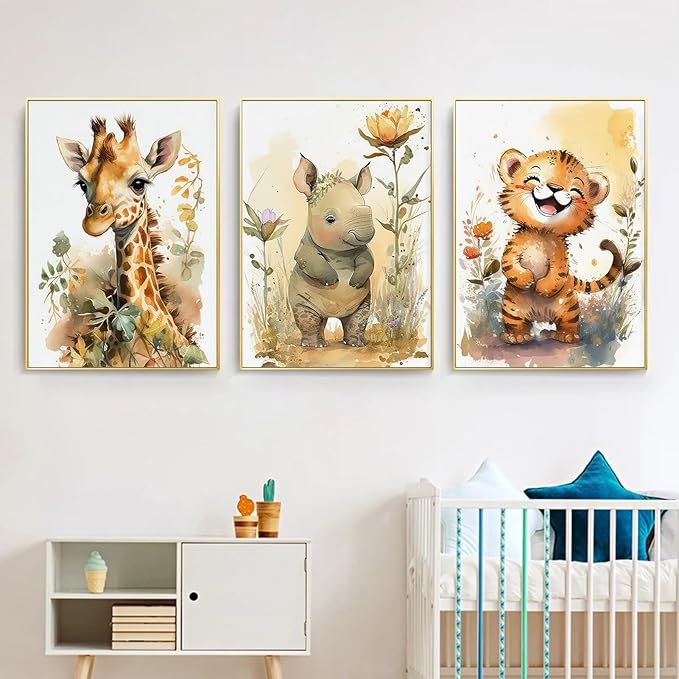 3Pcs Safari Nursery Wall Art watercolor baby Animal Wall Decor Lovely Jungle Animal Picture Painting Kids Room Posters Prints artwork for Boy Girl and Baby Room wall decoration,12x16in Poster