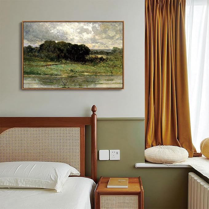 OIQArtOIQ Framed Vintage Landscape Wall Art Lake Natural Scenery Oil Painting Canvas Prints Country Farmhouse Decor Aesthetic Pictures for Kitchen Bedroom Living Room Bathroom
