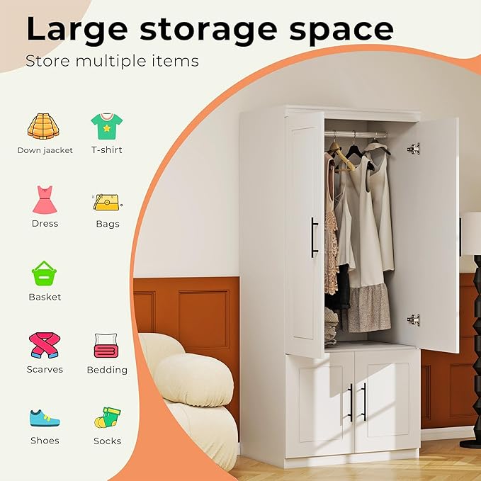 Armoire Wardrobe Closet with 2 Door, White Wood Wardrobe Closet Cabinet Wooden Bedroom Armoire with Hanging Rods & Shelves for Home/Bedroom/Living Room Style-52