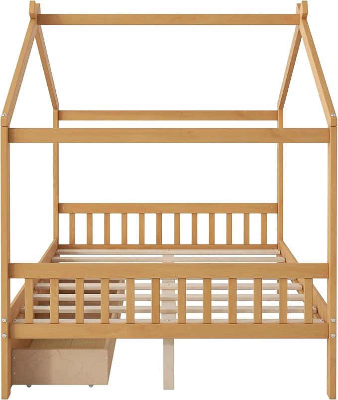 Harper & Bright Designs Full Size House Bed Frame for Kids, Wood Playhouse Platform Bed Frame with Two Drawers and Fence, Roof Design, Natural