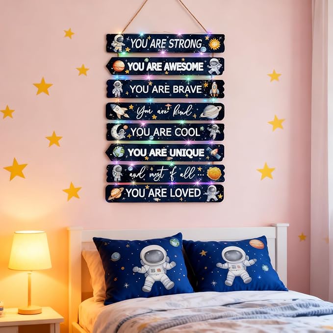 Cool Classic Space Astronaut Sign Nursery Wall Decor Set of 8, 16x5 Modern Motivational Cute Rocket Planets Plaque Wall Art for Baby Boy Kid Teen Toddlers, 4 PCS Wooden Gallery Quote Gift for Gameroom