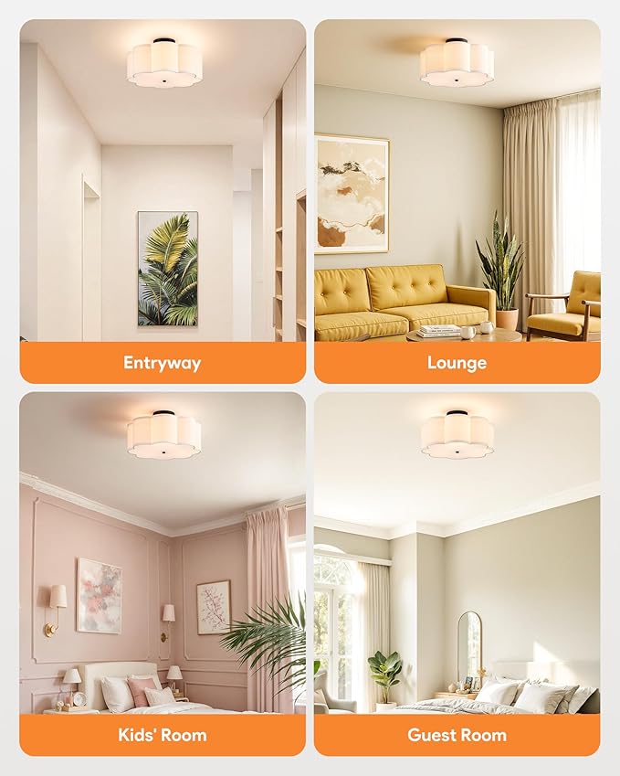 VONLUCE Semi-Flush Mount Ceiling Light, 15.7" Modern 3-Light Ceiling Light Fixture with White Petal-Shaped Shade 3 E26 Sockets for Bedroom Entryway Living Room, Black Finish, ETL Certificated