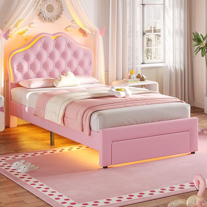 BTHFST Twin Size Girl Bed with Storage Drawer & LED Lights, Upholstered Platform Bed, Adjustable Headboard with Velvet Crystal Button Princess Bed, Solid Wood Slats Support, No Box Spring Needed, Pink