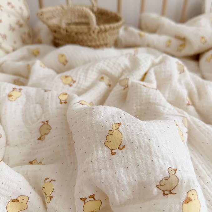 BuLuTu Baby Toddler Muslin Blanket| Crib Baby Quilts| Cot Comforter| Nursery Bed Throw Blanket| Toddler Quilt Blanket | Soft Breathable | Super Cute Duck Pattern| 47x59 Inch,1.5 Pounds
