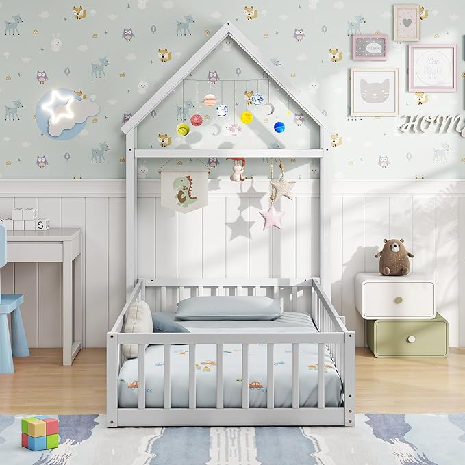 MAT EXPERT Twin Floor Bed with House-Shaped Headboard, Montessori Kids Bed with Detachable Clothes Hanger, Full Length Safety Guardrails, Solid Wood Twin Bed Frames for Kids (White)