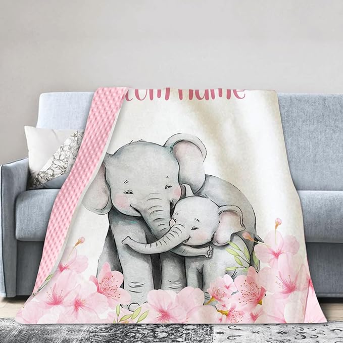 Personalized Baby Blankets for Girls, Custom Name Pink Flower Elephant Pattern Baby Blanket, Soft Receiving Blanket for Newborns and Toddlers, Ideal for Baby Showers and Nursery Decor