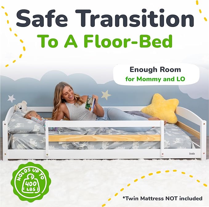 Ocodile Twin Floor Bed with Safety Guardrails for Kids, Montessori Inspired with Rails and 2 Openings, Twin Size Bed Frame for Girls and Boys - White