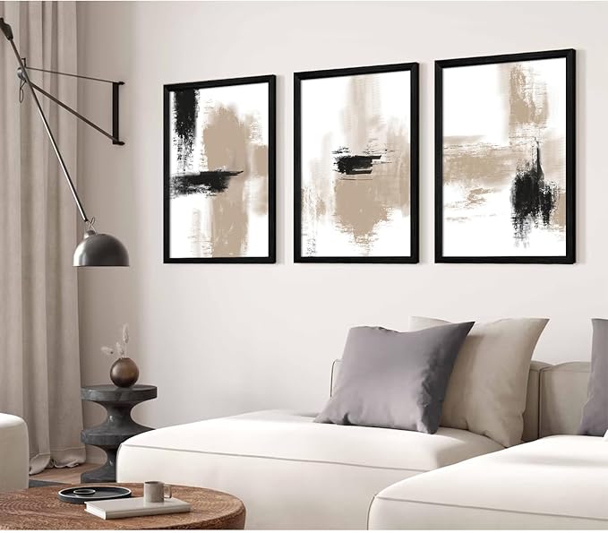 Beige Abstract Wall Art Painting Set of 3 Neutral Canvas Wall Art Prints Black Beige Modern Wall Decor Minimalist Art Pictures Abstract Modern Artwork for Room Bedroom 16x24 Inch Wood Framed