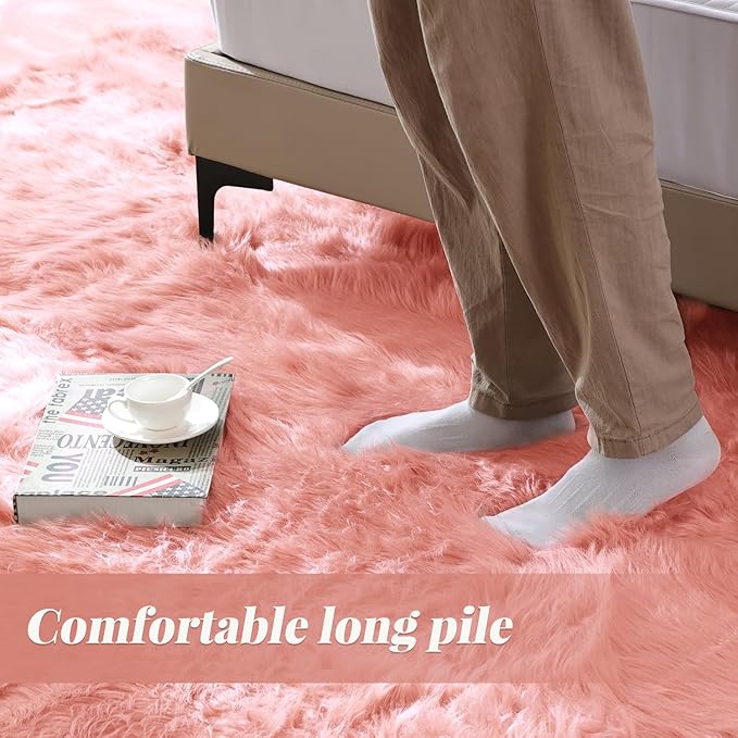 Pink Shag Faux Sheepskin Washable Fur Rug for Living Room Bedroom Furry Area Rug 4x6 Rectangle Rug Nursery Decor Girl
