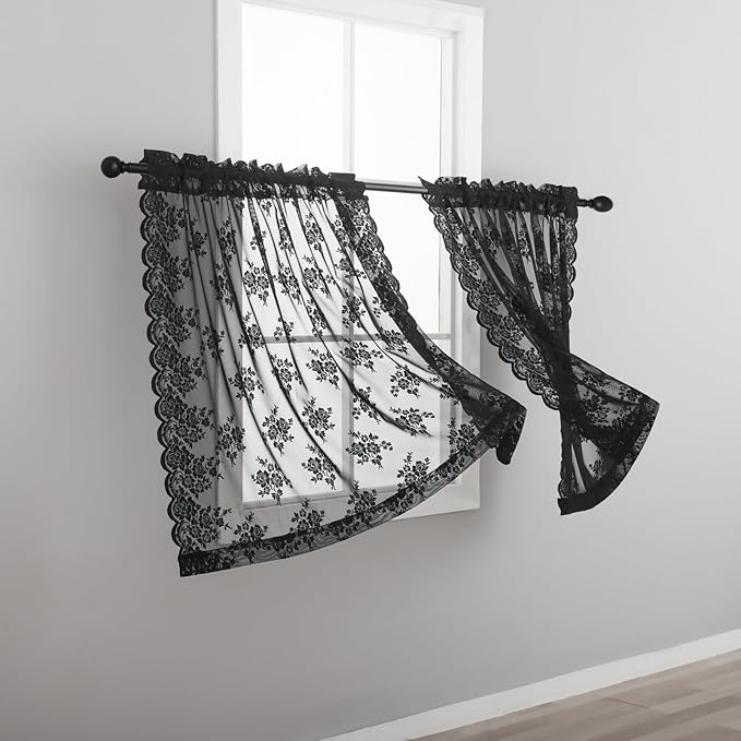 Kotile Black Lace Curtains Short 2 Panels Set, Country Rustic Floral Gothic Sheer Curtains 36 Inch Length for Kitchen Small Windows, Rod Pocket Priacy Sheer Goth Lace Café Curtains, Each 52 x 36 Inch