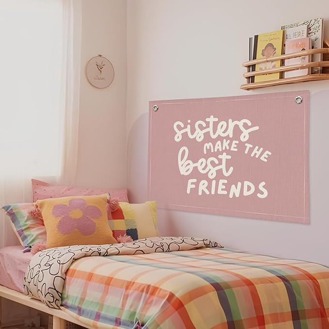 Best Friends Nursery Decor - Sister Pink Linen Banner Wall Hanging for Baby Girl Shower Gift, Toddler Bedroom & Girls Playroom 20x30 Inch