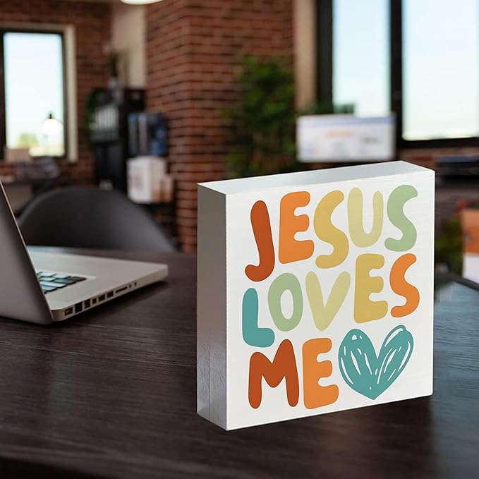 Baby Girl Nursery Christian Wood Box Sign, Christian Toddler Room Decor, Kids Bible Verse Decor, Jesus Loves Me Wooden Box Sign for Tabletop Shelf Home Desk 5x5 Inch