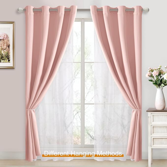 DWCN Layered Curtains Blackout and Sheer Curtains with Tiebacks Grommet Top Window Curtain Panels for Living Room, Girls Bedroom, Nursery, 52" x 84", Rose Blush, 2 Pieces