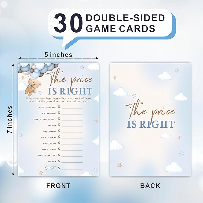 30 The Price Is Right Game Cards For Baby Shower Game & Activity - Bear & Balloons - Mommy Or Daddy Double-Sided Fill In Game Cards, Gender Reveal Game For Baby Shower Party Favors & Decorations-C03