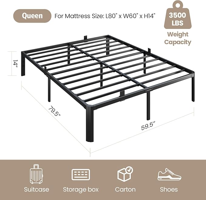 Metal Bed Frame Queen Size, 14 Inch 3500 lbs Heavy Duty Platform Bed Frames Steel Slats Noise Free No Box Spring Needed, Easy Assemble Sturdy Bedframe with Storage and Mattress Retainers