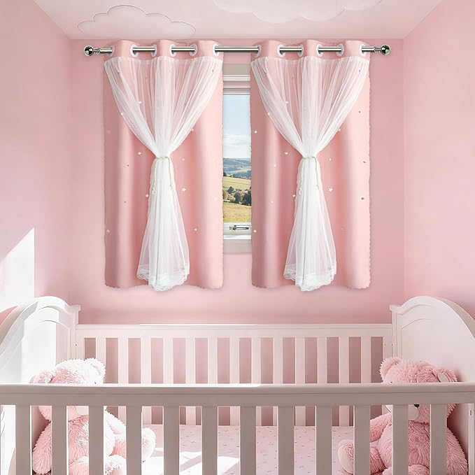 Light Pink Curtains Blackout for Girls Bedroom - Aesthetic Star Cutout Double Layer with White Sheer Overlay, 54 Inch Length 2 Panels Cute Curtain Baby Nursery Room Decor Short Drapes