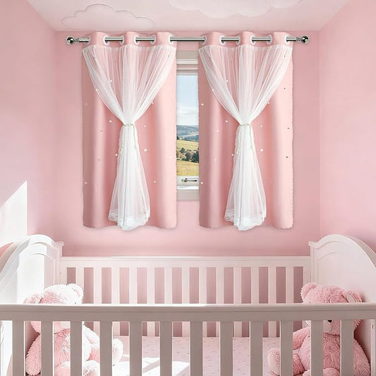 Light Pink Curtains Blackout for Girls Bedroom - Aesthetic Star Cutout Double Layer with White Sheer Overlay, 54 Inch Length 2 Panels Cute Curtain Baby Nursery Room Decor Short Drapes
