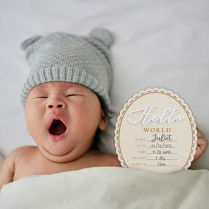 Baby Announcement Sign 6.5 Inch Wooden Hello World Newborn Welcome Sign Birth Name Plaques for Photo Props Shower Hospital Nursery (BOW CUT)