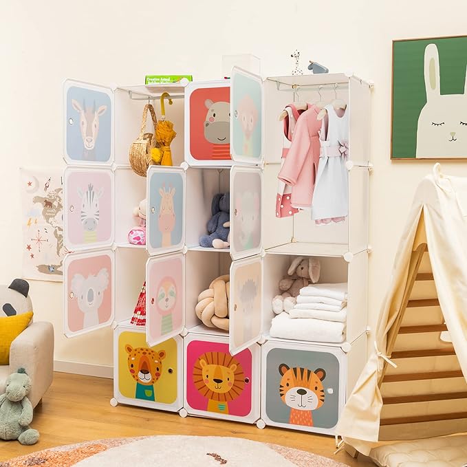 HONEY JOY Kids Wardrobe Closet, Baby Cartoon Clothes Storage Organizer, 12 Cubes & 2 Hanging Sections, Portable Children DIY Modular Bedroom Armoire Dresser Cabinet for Boys Girls (White)