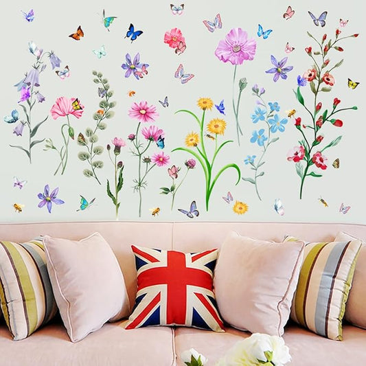 6 Pieces Flowers Wall Decals Vinyl Floral Wall Stickers Removable Floral Murals Peel and Stick Colorful Flower Decor for Girls Bedroom Living Room Nursery (Colorful)
