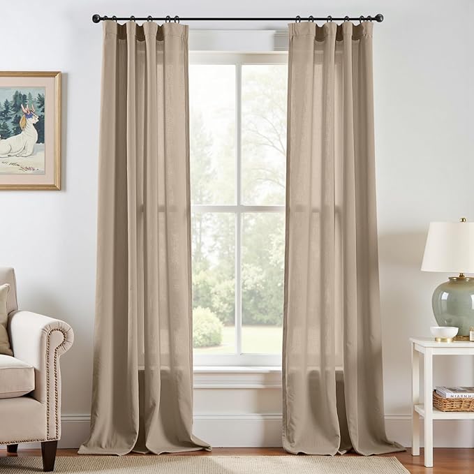 jinchan Linen Blend Curtains 90 inch Length 2 Panels for Bedroom Bathroom, Farmhouse Country Cottage Core Style 38 inch Wide Drapes with Rod Pocket Back Tab(38W x 90L, Taupe)