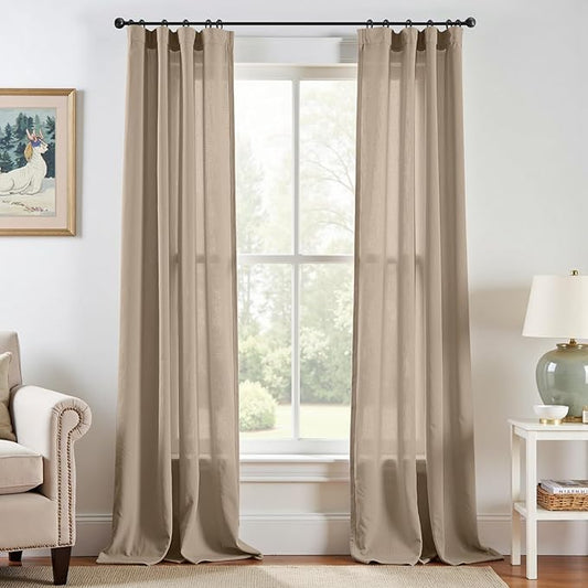 jinchan Linen Blend Curtains 90 inch Length 2 Panels for Bedroom Bathroom, Farmhouse Country Cottage Core Style 38 inch Wide Drapes with Rod Pocket Back Tab(38W x 90L, Taupe)