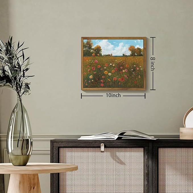OIQArtOIQ Vintage Landscape Framed Wall Art Fall Countryside Colorful Wildflower Field Canvas Art Prints Farmhouse Cottagecore Pictures Wall Decor Rustic Meadow Paintings Artwork For Kitchen Bedroom
