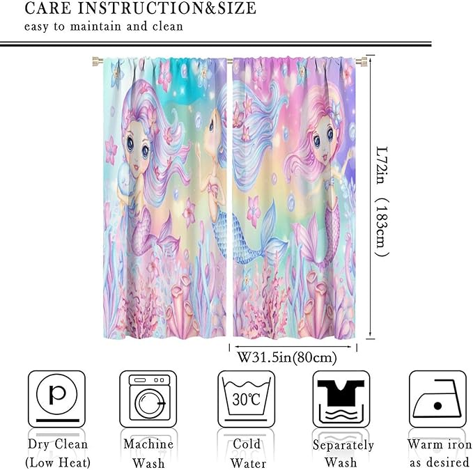 Cartoon Mermaid Kids Curtain Fantasy Ocean Theme Coral Flower Floral Window Treatment for Kids Girls Bedroom Nursery Room Decor Rod Pocket Blackout Window Drapes 63x72in