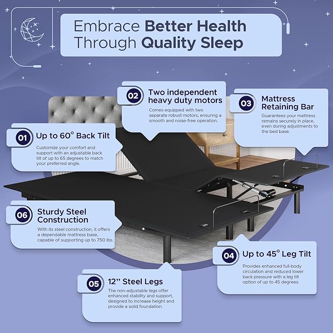 Celestial Aurora Adjustable Bed Base (Frame) + 12 inch Gel Memory Foam Mattress (Medium Soft), Easy Assembly, Head and Foot Lift, Zero Gravity, Memory Positions, CertiPUR-US Bed - Split King