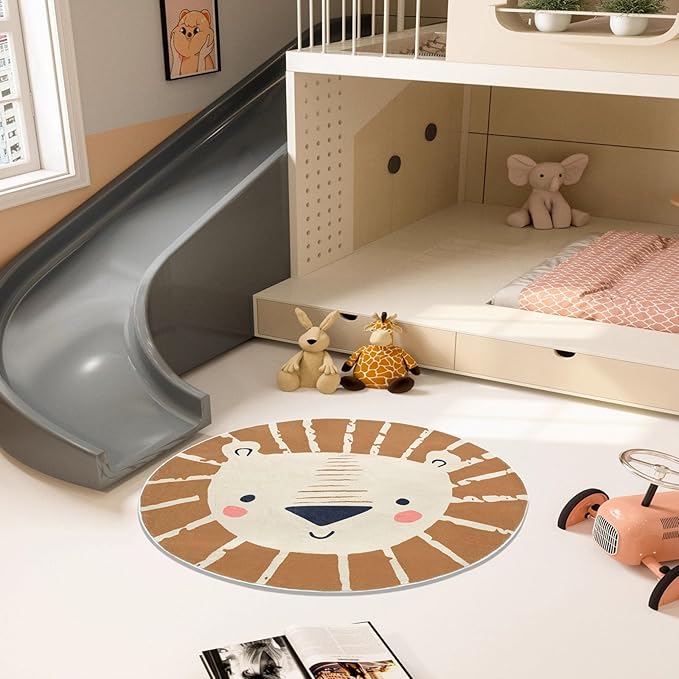 ABREEZE Kids Play Rug 2.6ft, Lion Round Area Rug, Nursery Door Mat, Soft Plush Non-Slip Children's Carpet for Bedroom, Living Room, Playroom