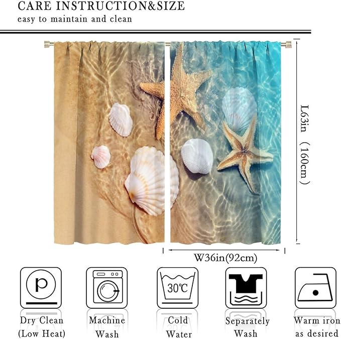 Beach Curtain for Bathroom Decor，Sea Turtle Starfish Seashell Nautical Ocean Coastal Scenery Art Printed Fabric Polyester Waterproof Set 2 Panels,72x63 Inches