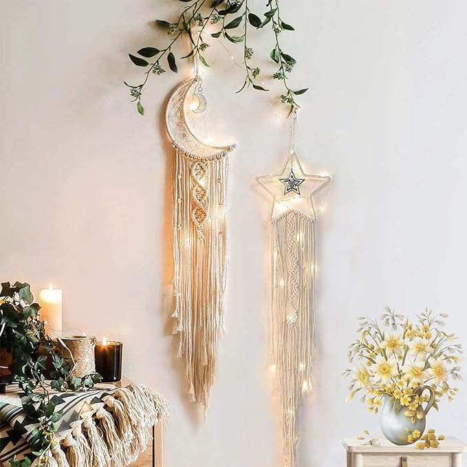 Moon Star Dream Catcher Decor,2pcs Boho Home Moon Star Dreamcatcher,Macrame Wall Hanging Boho Home Decor for Kids Baby Bedroom Decoration for Women Girls Friends Craft