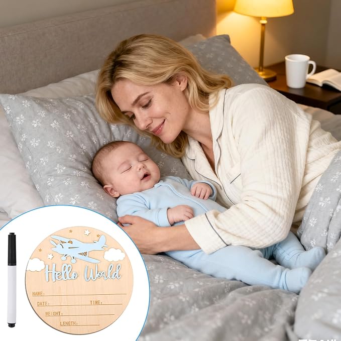 Hello World Newborn Sign with Pen, 5.9in Round Newborn Welcome Birth Name Sign Airplane and Cloud Decoration Baby Boy Girl Announcement Board for Hospital Nursery Home Decor Photo Props