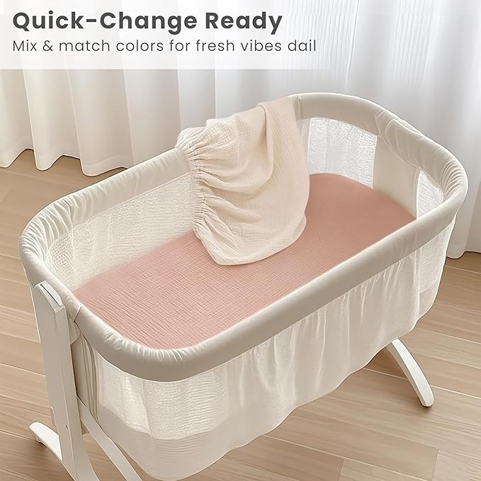 Konssy Muslin Fitted Bassinet Sheets 2 Pack for Baby Girl Boy, Soft Breathable Baby Bassinet Sheets Fit for Bassinets, Cradle, Moses Basket Oval Rectangle Pad/Mattress (Pink, Cream, Bedside Sleeper)