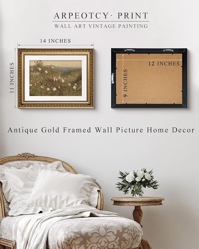 ARPEOTCY Vintage Gold Framed Wall Art, Retro Floral Pink Roses Landscape Paintings, Flowers Canvas Prints Artwork for Living Room, Victorian Antique Wall Decor for Bathroom Bedroom, 11x14 inch