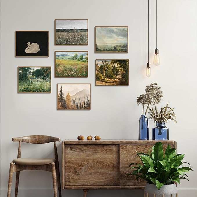 OIQArtOIQ Vintage Framed Wall Art Autumn Mountain Landscape Canvas Art Prints Fall Forest Rustic Farmhouse Pictures Wall Decor Modern Cottagecore Paintings Artwork For Bedroom Bathroom Living Room
