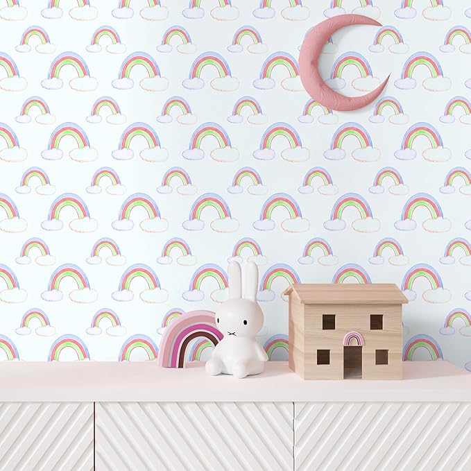 CHIHUT Boho Peel and Stick Wallpaper Roll 17.7”x236” Self Adhesive Rainbow Cloud Contact Paper for Desk Drawers Watercolor Colorful Rainbow Stick on Wall Paper Mural for Girls Bedroom Kids Room