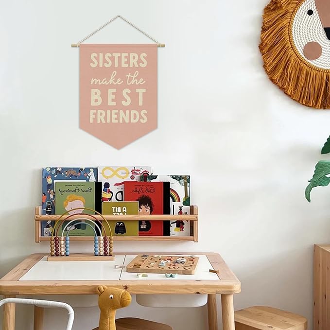 Girls Room Decor, Sisters Make the Best Friends Linen Canvas Banner, Pink Preppy Girly Wall Hanging Pennant Flag Banner for Girls Nursery Kids Toddler Room Bedroom Dorm Decor, 15x11in