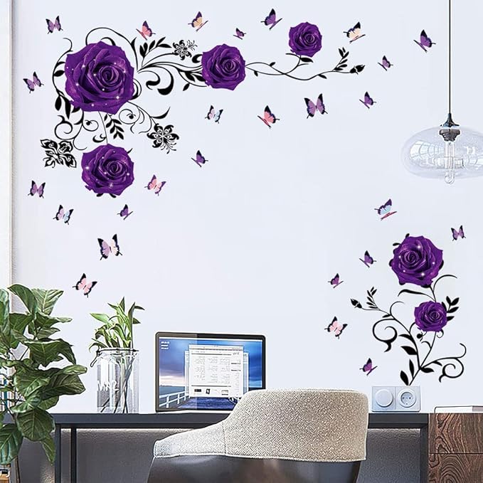 Supzone Purple Rose Wall Stickers Rose Flower Vine Wall Decal Purple Peony Floral Wall Decor DIY Vinyl Mural Art for Bedroom Living Room Sofa Backdrop