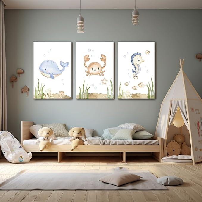 Wodkwq Ocean Nursery Decor, Set of 3 Framed Canvas Art Prints, 16x24in, Under The Sea, Boys Room, Bathroom, Bedroom