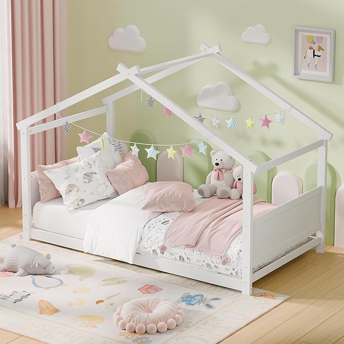 Twin House Bed, Montessori Floor Bed with Headboard & Footboard, Solid Wood Bed Frame for Toddlers Teens Bedroom, No Box Spring Needed, White
