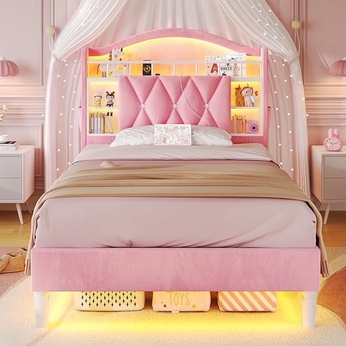 ADORNEVE Twin Size Bed Frame with LED Lights, Princess Velvet Upholstered Platform Bed for Girls, Headboard with Charging Station & Guardrail & Crystal Button, No Box Spring Needed, Pink