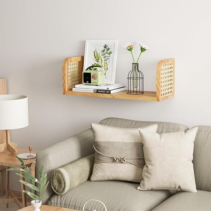 Rattan Wall Shelf, Hanging Book Shelves for Wall, Decorative Shelves for Natural Nursery Decor, Picture Ledge Shelves, Floating Rattan Shelf for Office, Bedroom, Bathroom
